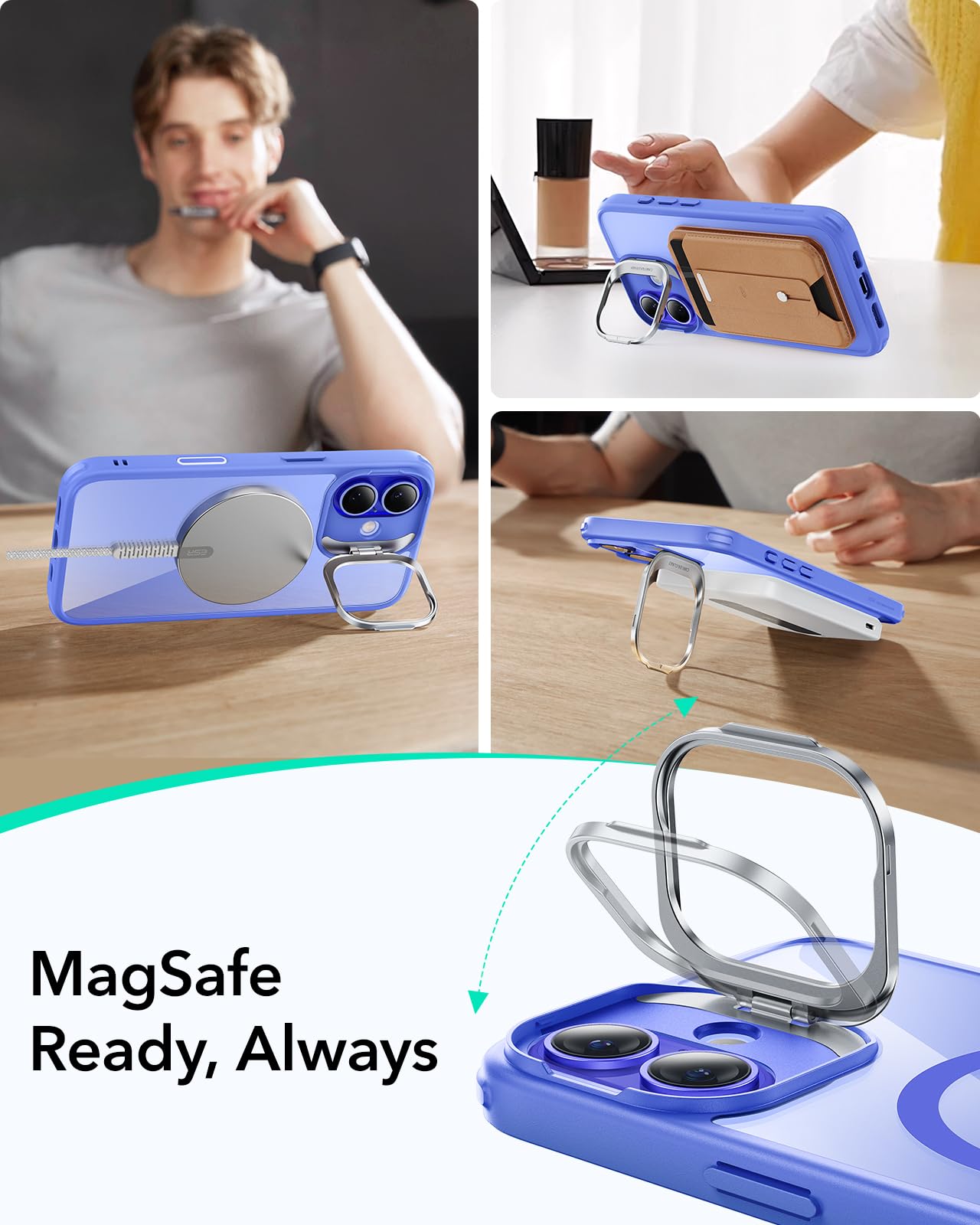 ESR - Funda para iPhone 16 Plus, botón de control de cámara compatible con MagSafe, protección de grado militar, soporte integrado, funda trasera resistente a arañazos, clásica, azul transparente
