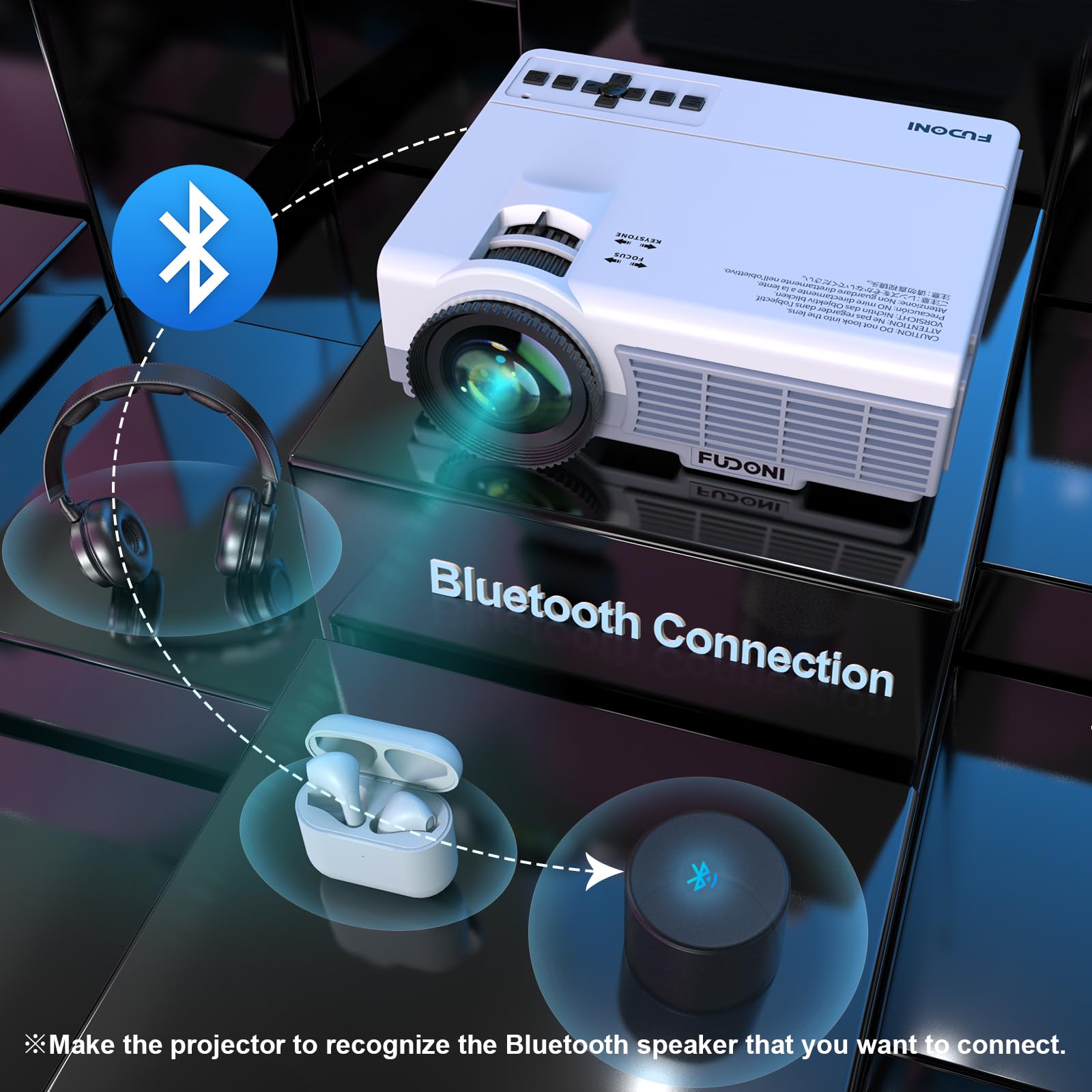 FUDONI Proyector 5G WiFi Bluetooth, Mini Proyector Nativo 1080P Full HD, Proyector Portátil con Pantalla, Proyector de Cine en casa Soporta 4K, HDMI, USB, VGA, PC, TV Box, iOS y Android Phone