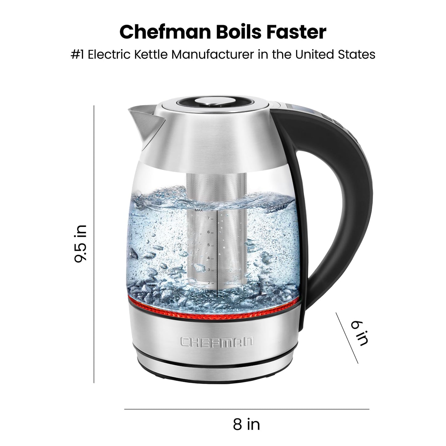 Chefman Hervidor de vidrio eléctrico digital de 1,8 l + con ebullición rápida y 7 preajustes para temperatura precisa, infusor de té de acero inoxidable incluido, control digital avanzado