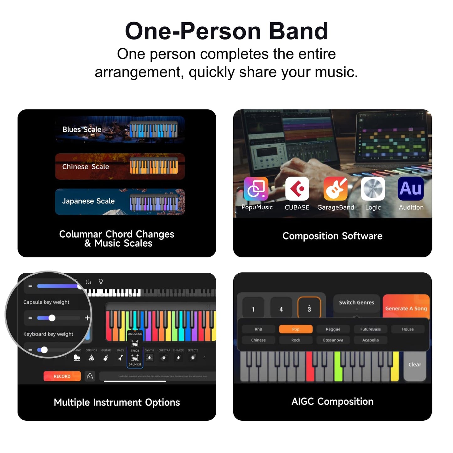 Teclado Digital Inteligente POPUPIANO Negro con Teclas Iluminadas y Driver MIDI, para Aprendizaje y Composición