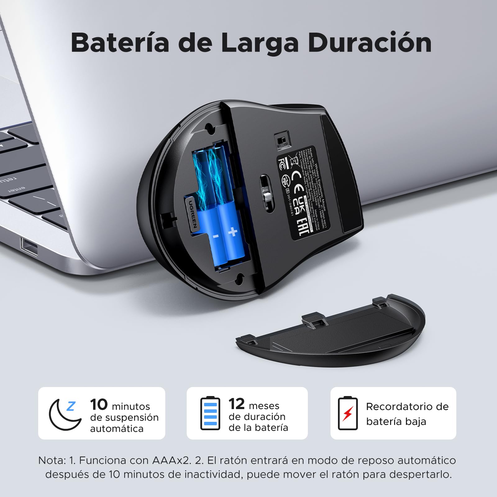 Mouse Inalámbrico UGREEN Negro Ergonómico con DPI Ajustable para PC y Portátil