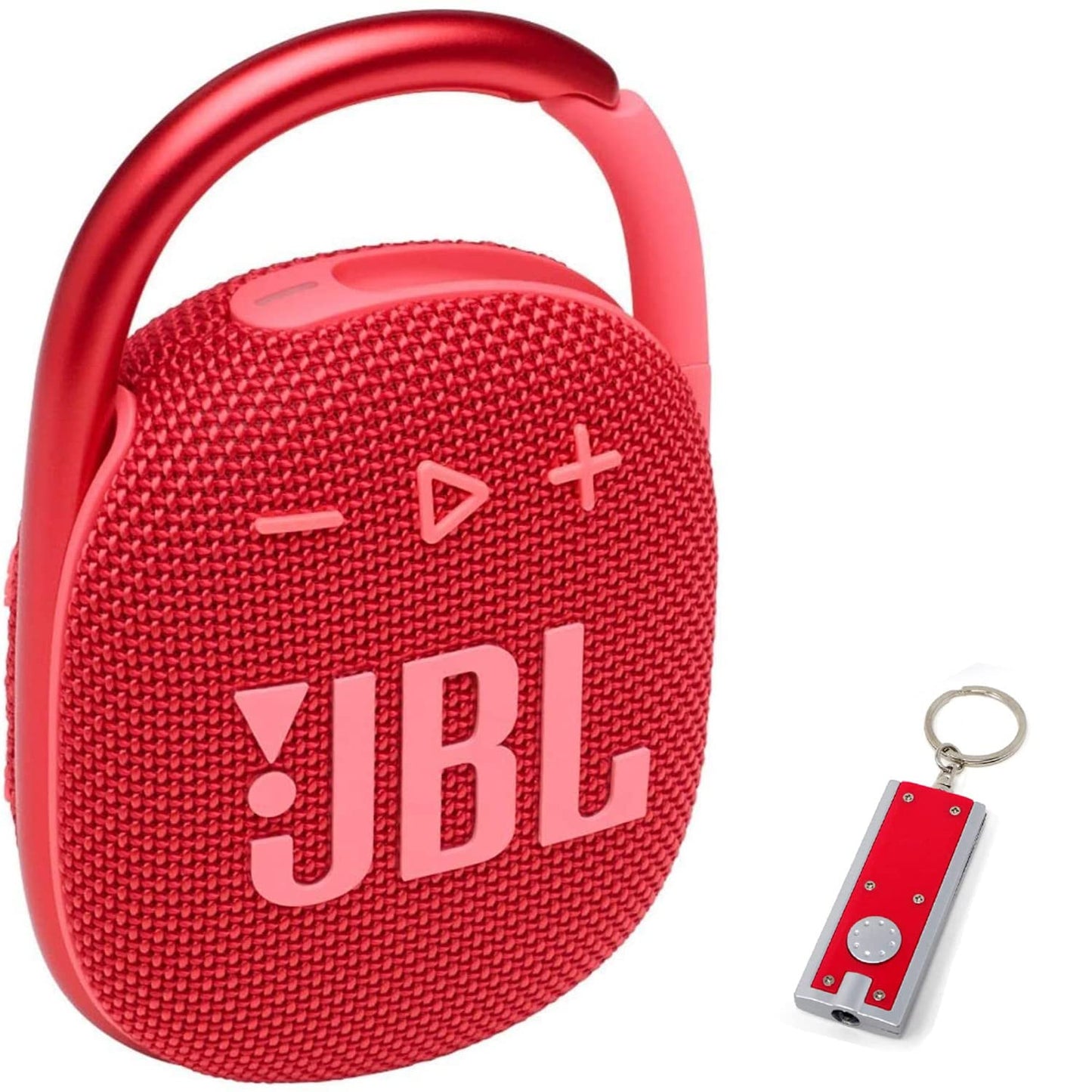 JBL Clip 4 Altavoz Bluetooth portátil, impermeable y a prueba de polvo, IP67, mini altavoz Bluetooth para viajes, exteriores y hogar con 1 llavero de linterna LED (rojo)