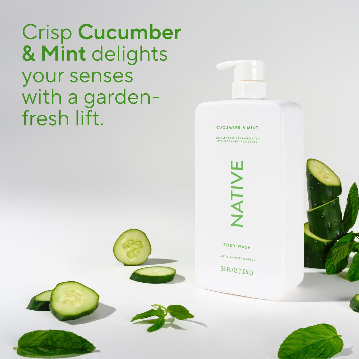 Native Body Wash for Women, Men | Sulfate Free, Paraben Free, Dye Free, with Naturally Derived Clean Ingredients, 36 oz bottle with pump - Pack of 1 (Cucumber & Mint)