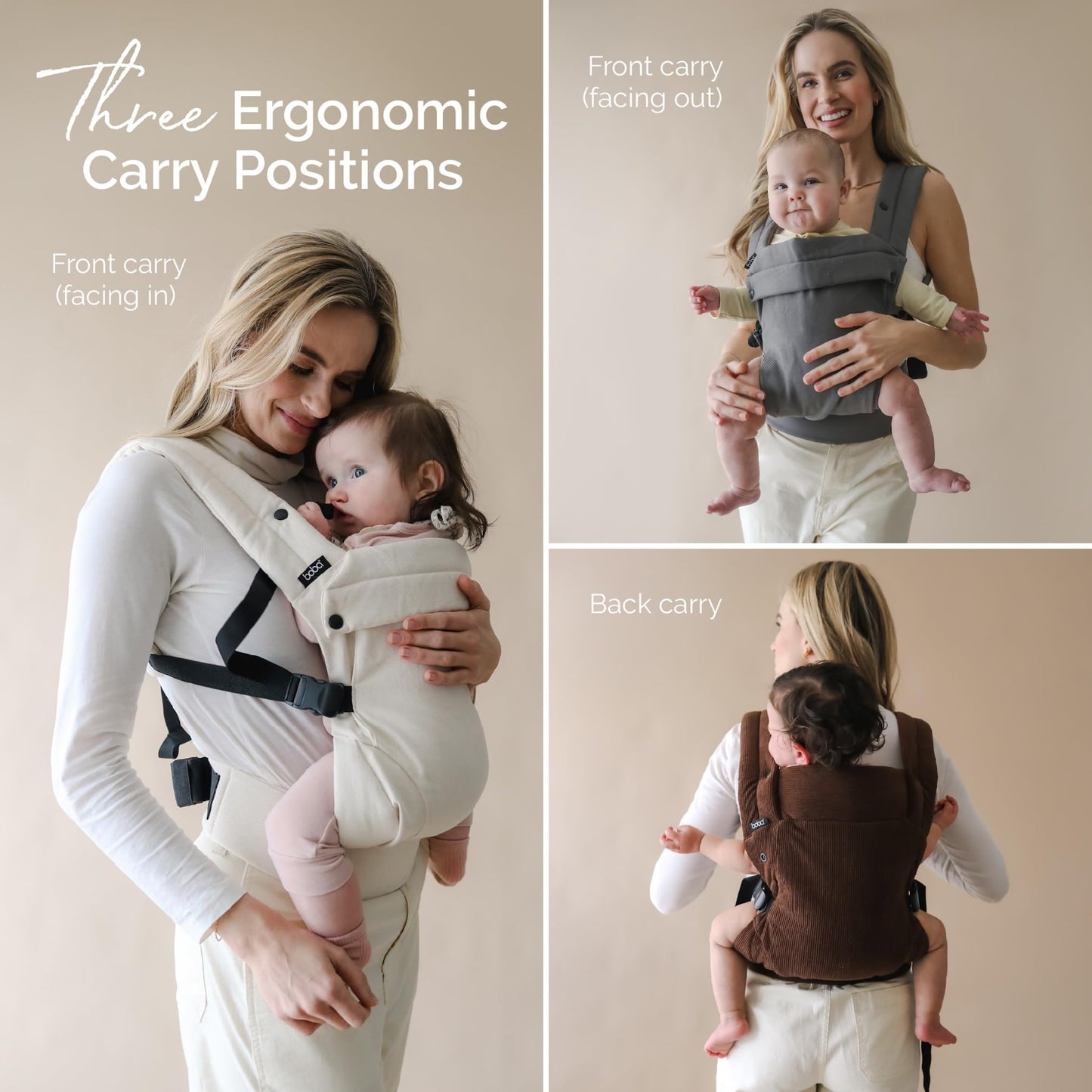 Boba Auri - Portabebés de algodón de pana para recién nacidos, 3 posiciones ergonómicas (delantera/delantera/trasera), portabebés con posición M con asiento ajustable (7-45 libras)