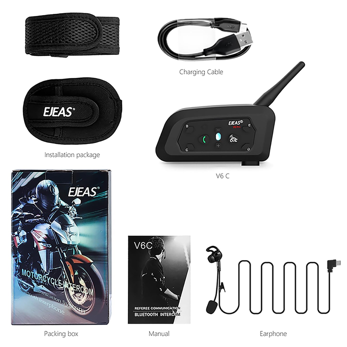 EJEAS V6C Intercomunicador Bluetooth para Árbitros de Fútbol, 1200M con Auricular y Brazalete Negro, Bluetooth 5.1, 1 Pack