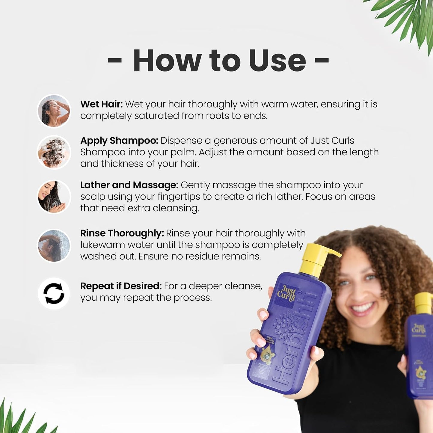 Herbishh Champú Just Curls con aceite de coco, limpia e hidrata para rizos fuertes y suaves, nutre profundamente y reduce el frizz, revitaliza el cabello dañado, sin parabenos y vegano (16,91 fl.oz)