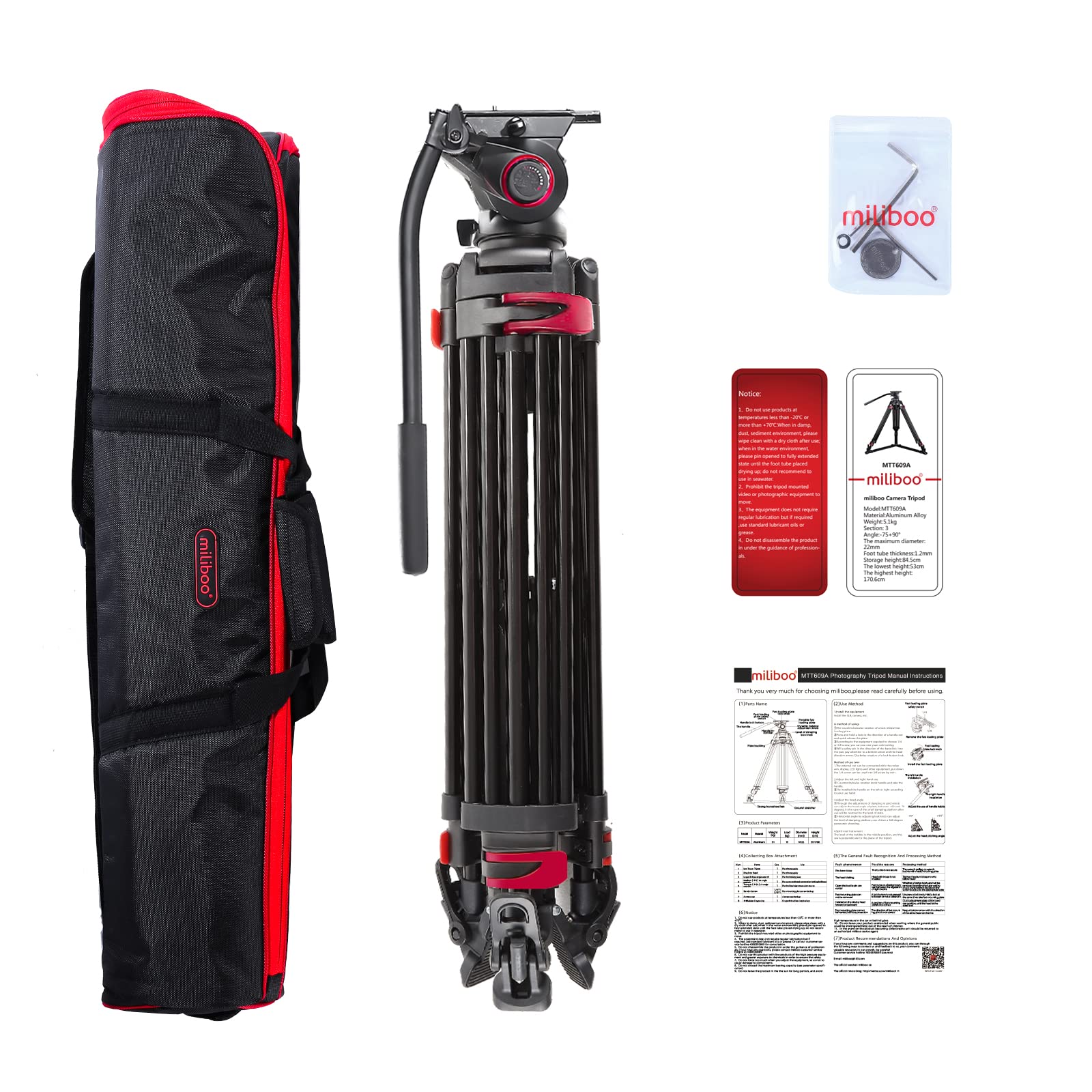 Trípode de Aluminio Miliboo MTT609A Negro con Diseño de Esparcidor de Tierra para videocámara/DSLR