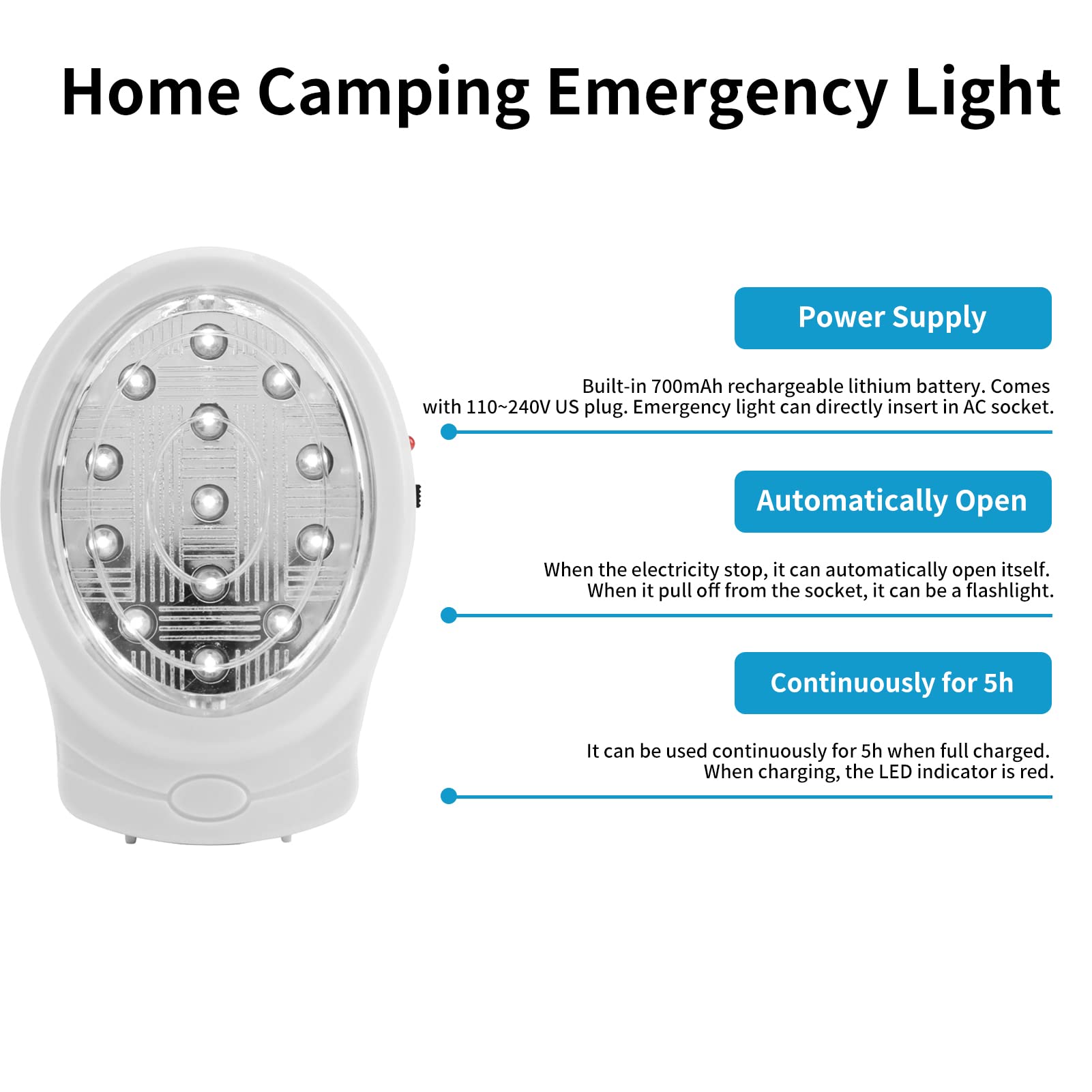 Lámpara de Luz de Emergencia LED Recargable con Enchufe US para Hogar Automática en Fallos de Alimentación