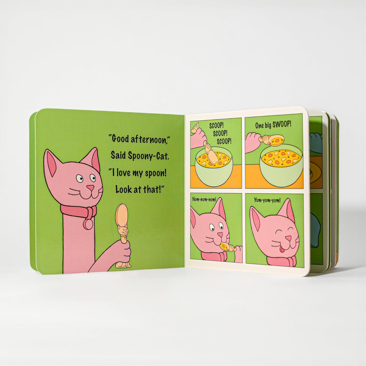 Spoon la la - Juego de utensilios para niños pequeños (2 unidades) y libro de tabla para bebés, cuchara y tenedor para niños pequeños de 1 a 3, asas 3D autónomas para gatos y perros, sin BPA, apto