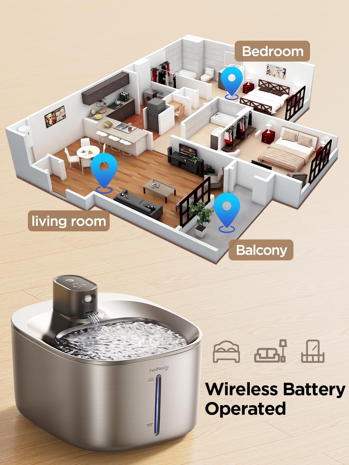 Fuente de Agua FEELNEEDY Acero Inoxidable con Sensor de Movimiento para Gatos y Perros