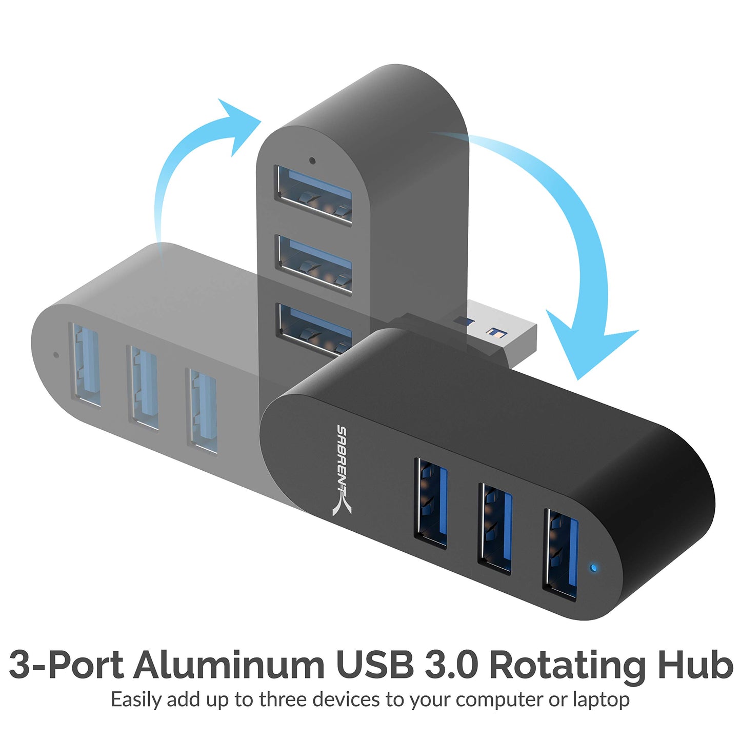 Hub USB 3.0 Mini de Aluminio Sabrent Premium Tres Puertos Giratorio 90° 180°