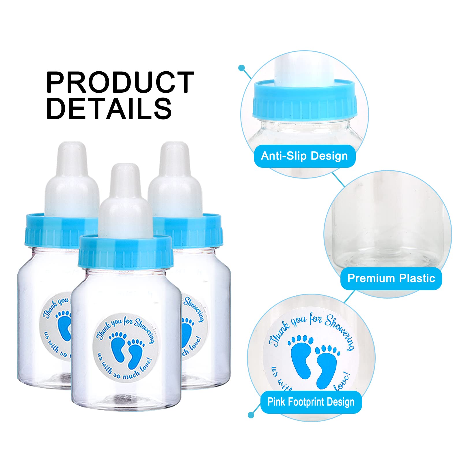 72 piezas de mini botellas de leche para baby shower, color blanco, mini biberones de plástico baratos para baby shower, recuerdos de fiesta, decoración de juegos de fiesta de baby boy shower (azul)