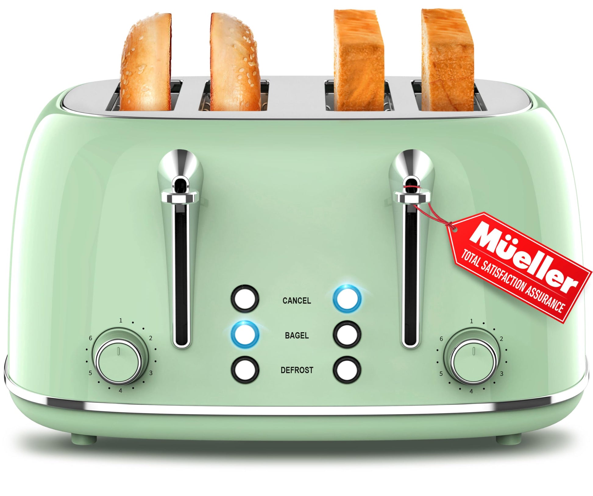 Mueller - Tostador retro con 7 niveles de tostado y 3 funciones, calentar, descongelar y cancelar, acero inoxidable, charola de residuos extraíble, compartimento para cable bajo la base, verde salvia