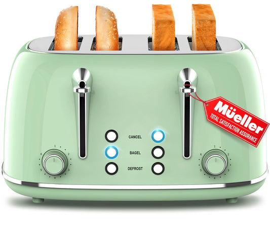 Mueller - Tostador retro con 7 niveles de tostado y 3 funciones, calentar, descongelar y cancelar, acero inoxidable, charola de residuos extraíble, compartimento para cable bajo la base, verde salvia