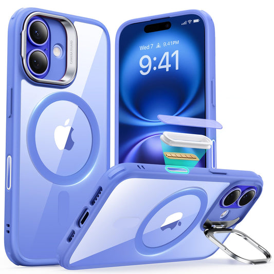 ESR - Funda para iPhone 16 Plus, botón de control de cámara compatible con MagSafe, protección de grado militar, soporte integrado, funda trasera resistente a arañazos, clásica, azul transparente