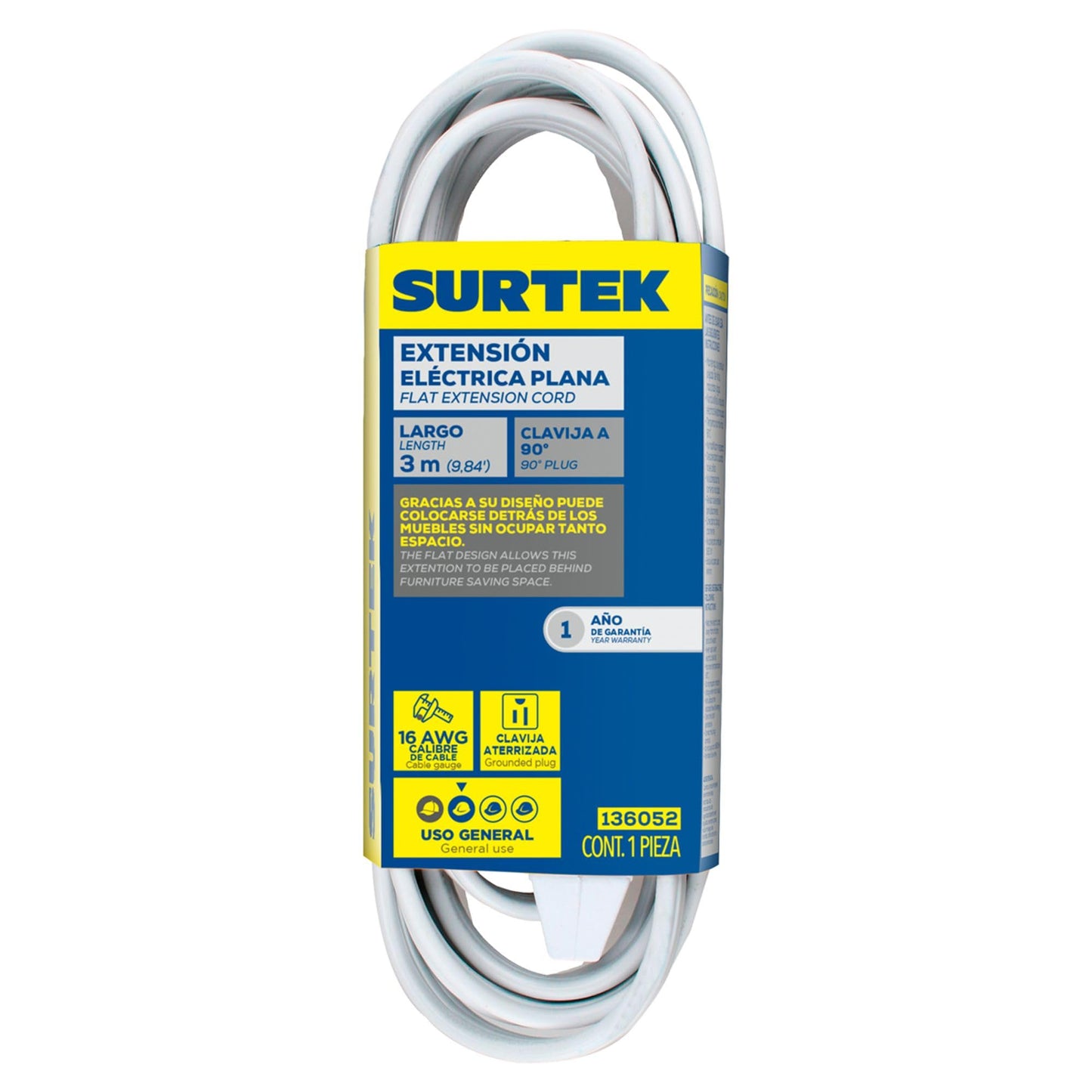 Surtek 136052 Extensión Eléctrica Plana Aterrizada, 3 m