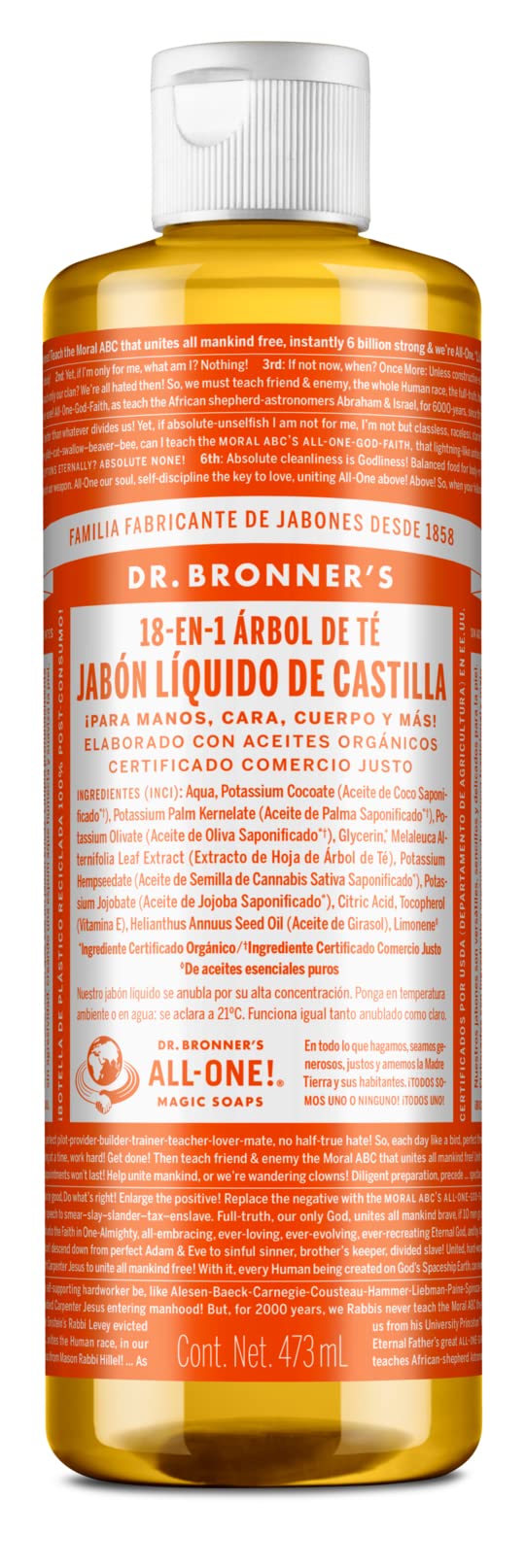 Dr. Bronner's | Jabón de castilla orgánico líquido multiusos, fórmula concentrada, purificación profunda y equilibrio natural, con aceite esencial natural, aroma Árbol de Té (473 ml)