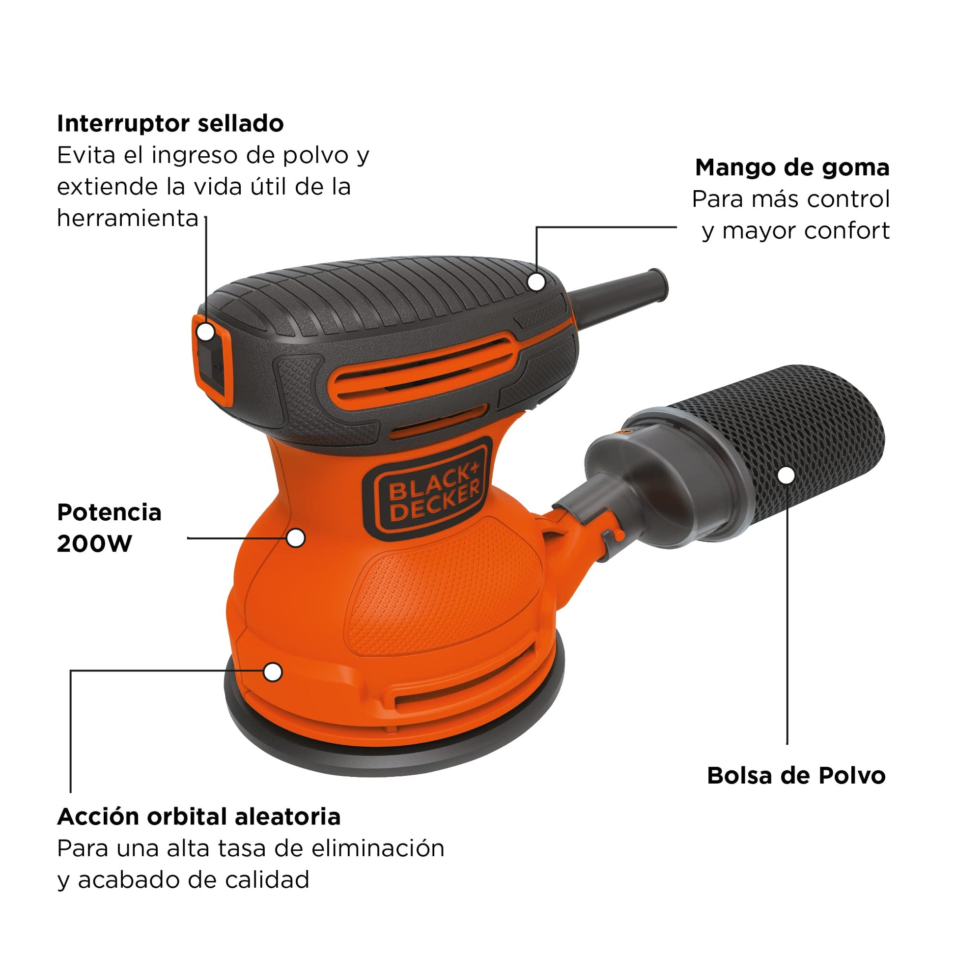 BLACK+DECKER Lijadora Orbital Aleatoria de 180W Disco de 5" (BDERO100-B3)