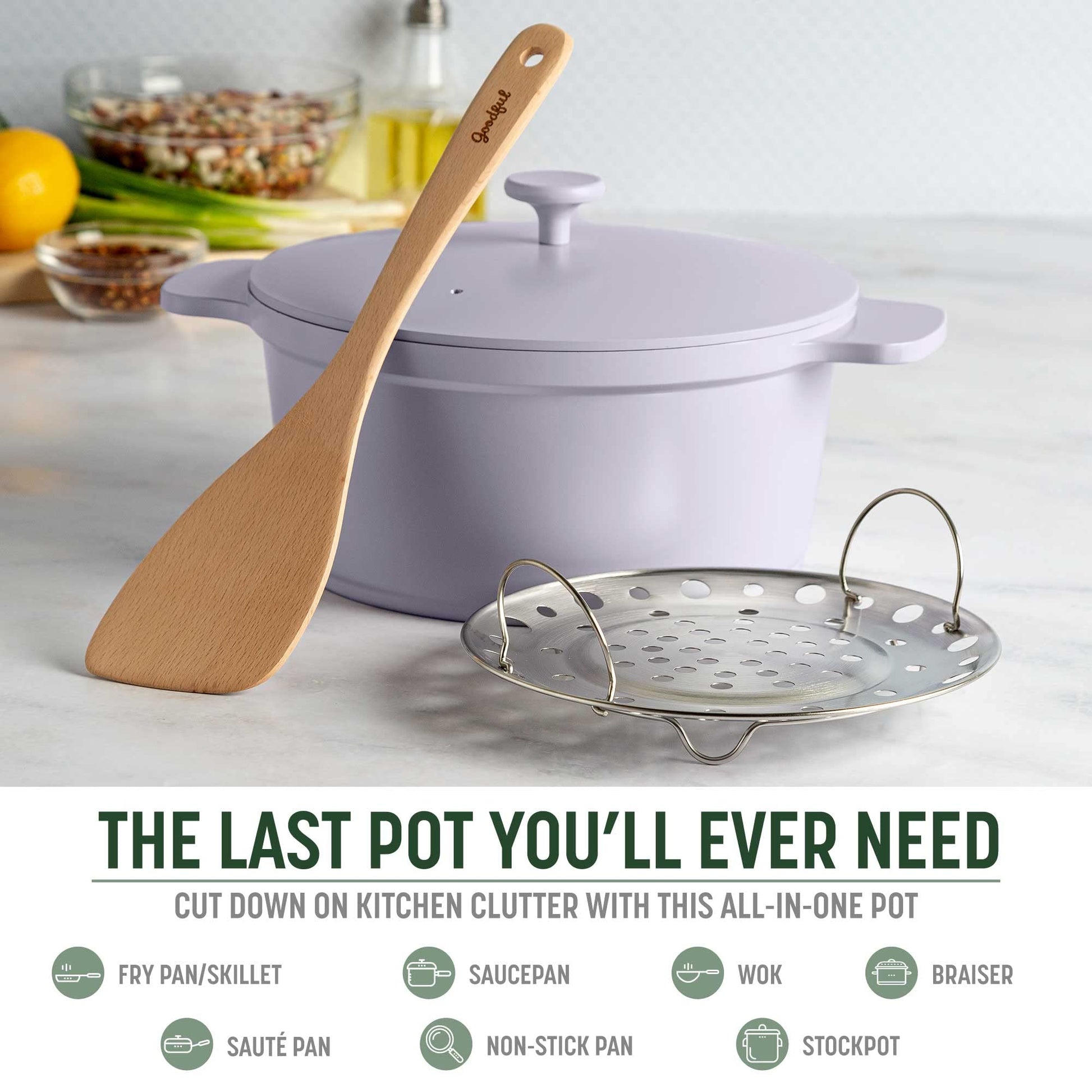 Goodful - Olla todo en uno, antiadherente de revestimiento múltiple, horno holandés fundido de alto rendimiento con tapa a juego, estante para asar y volteador, hecha sin PFOA, utensilios de cocina