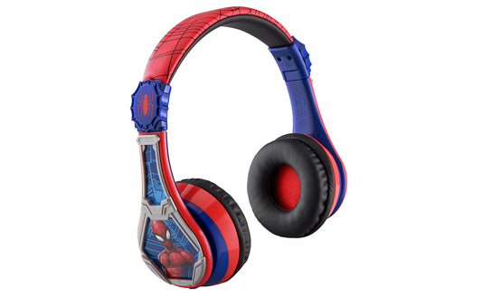 eKids Spiderman - Auriculares inalámbricos Bluetooth portátiles para niños con micrófono, volumen reducido para proteger la audición, batería recargable, diadema ajustable para niños, para escuela, hogar o viajes
