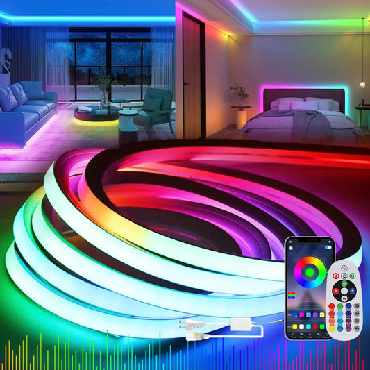 KSIBNW Tira de luz LED de Neón de 20 m con Control Remoto de Aplicación, IP 65 Impermeable, Sincronización de Música, Multicolor AC 110-120 V Flexible LED para Decoración del Hogar/Jardín/Edificio