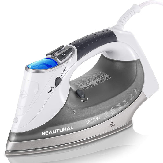 BEAUTURAL - Plancha de vapor de 1800 vatios con visualización LCD digital, suela de doble capa y revestimiento de cerámica, apagado automático de 3 vías, 9 ajustes preestablecidos de temperatura y vapor para tela variable gris