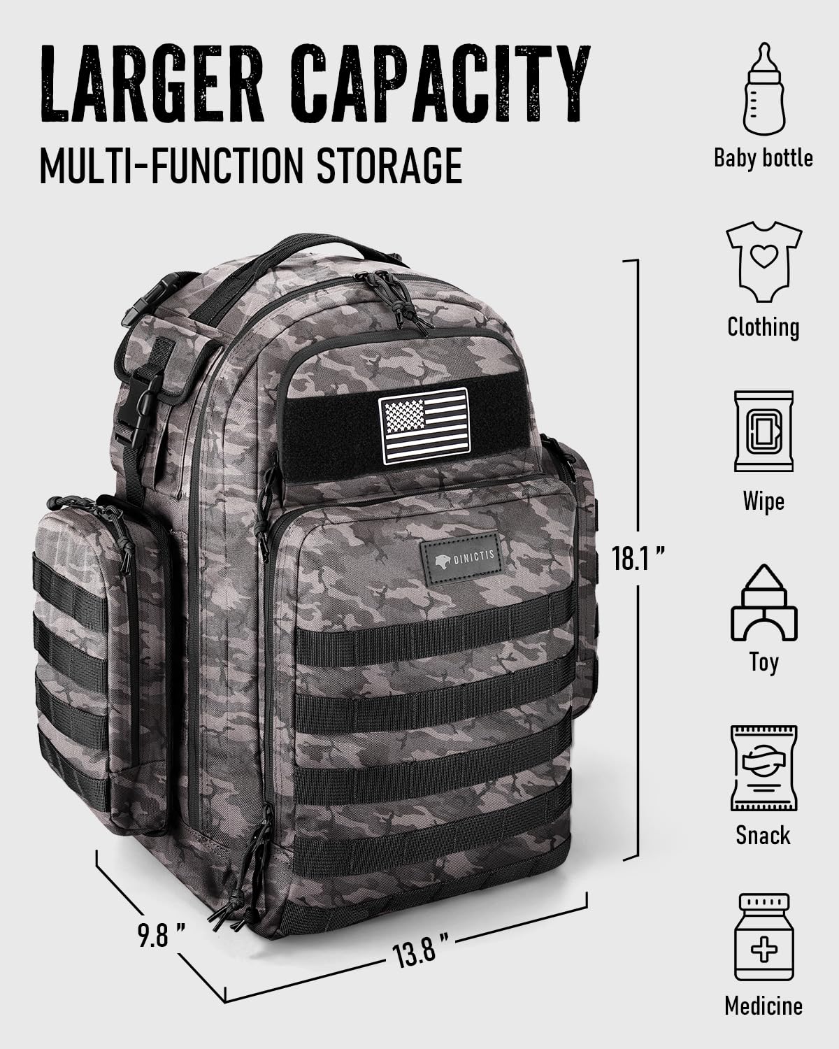 Dinictis - Bolsa de pañales para papá, mochila con cambiador de pañales, mochila militar con correas Molle, bolsa impermeable, bolsillo para toallitas para bebé, bolsillos aislados para botellas