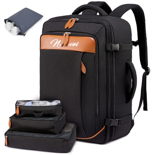 Juego de mochila de viaje de 5 piezas, mochila de equipaje certificada por vuelo extra grande 40 L, maleta expandible con 4 bolsas de almacenamiento, mochila de negocios impermeable, unisex (Negro)