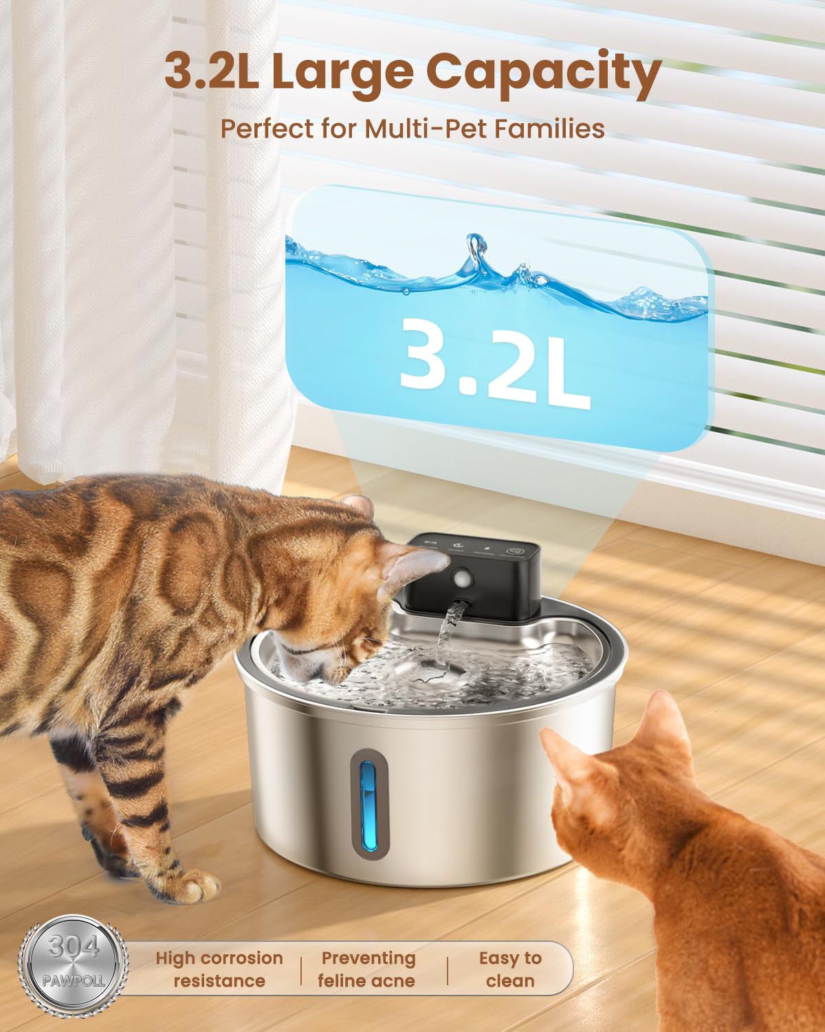 Fuente de Agua PawPoll Acero Inoxidable Ultra Silenciosa 3,2 L para Gatos y Perros Recargable