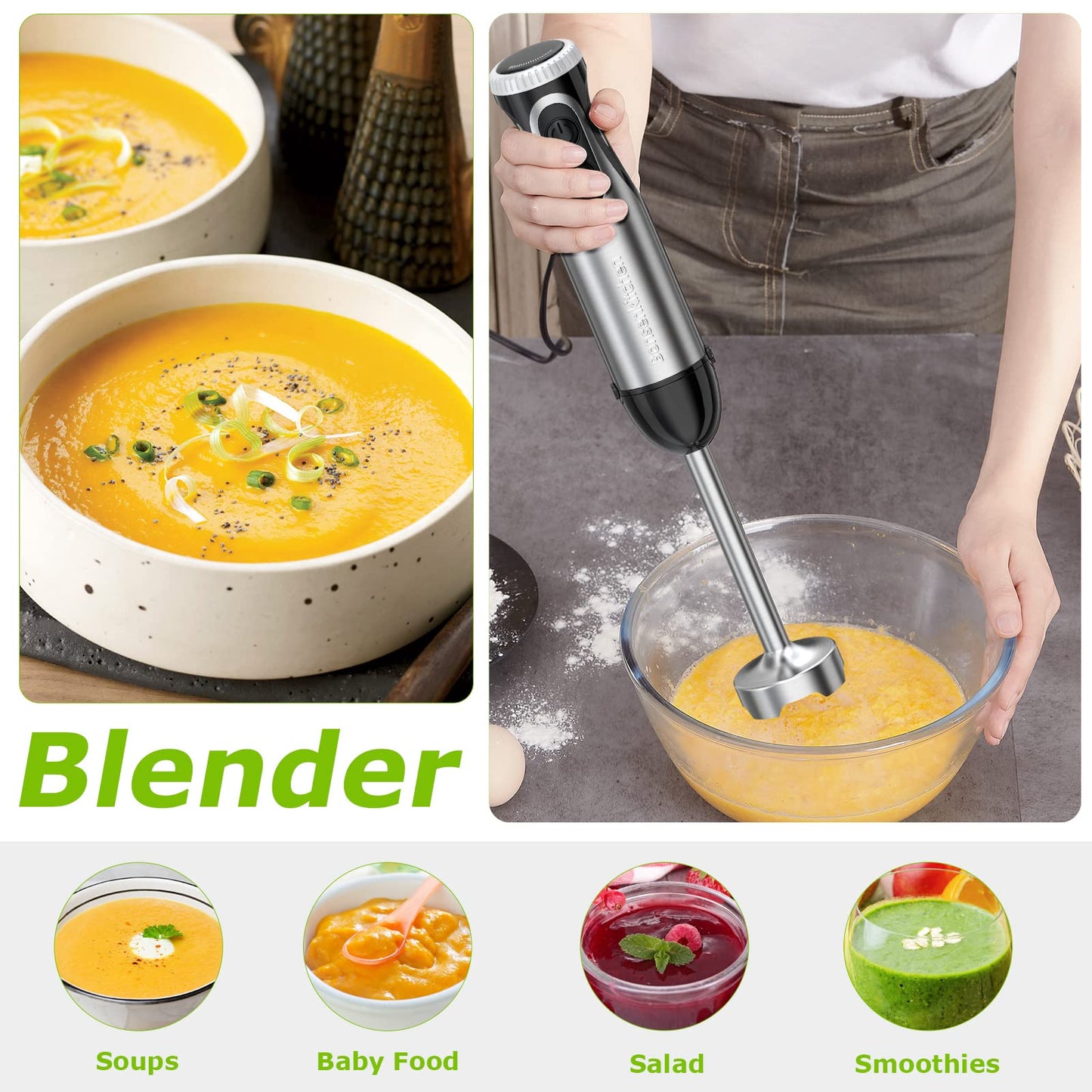 Bonsenkitchen Batidora de mano de inmersión 2 en 1, multiusos de 500 W con batidor, 20 velocidades y modo turbo, de acero inoxidable 304 para licuados, papillas para bebés y sopas