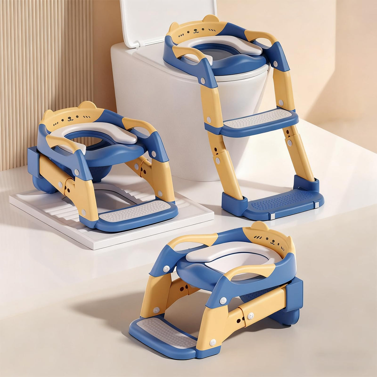 Orinal de entrenamiento BBfancy, asiento de inodoro para niños y niñas mejorado, orinal de entrenamiento 3 en 1 con escalera plegable antideslizante (Azul+Amarillo)
