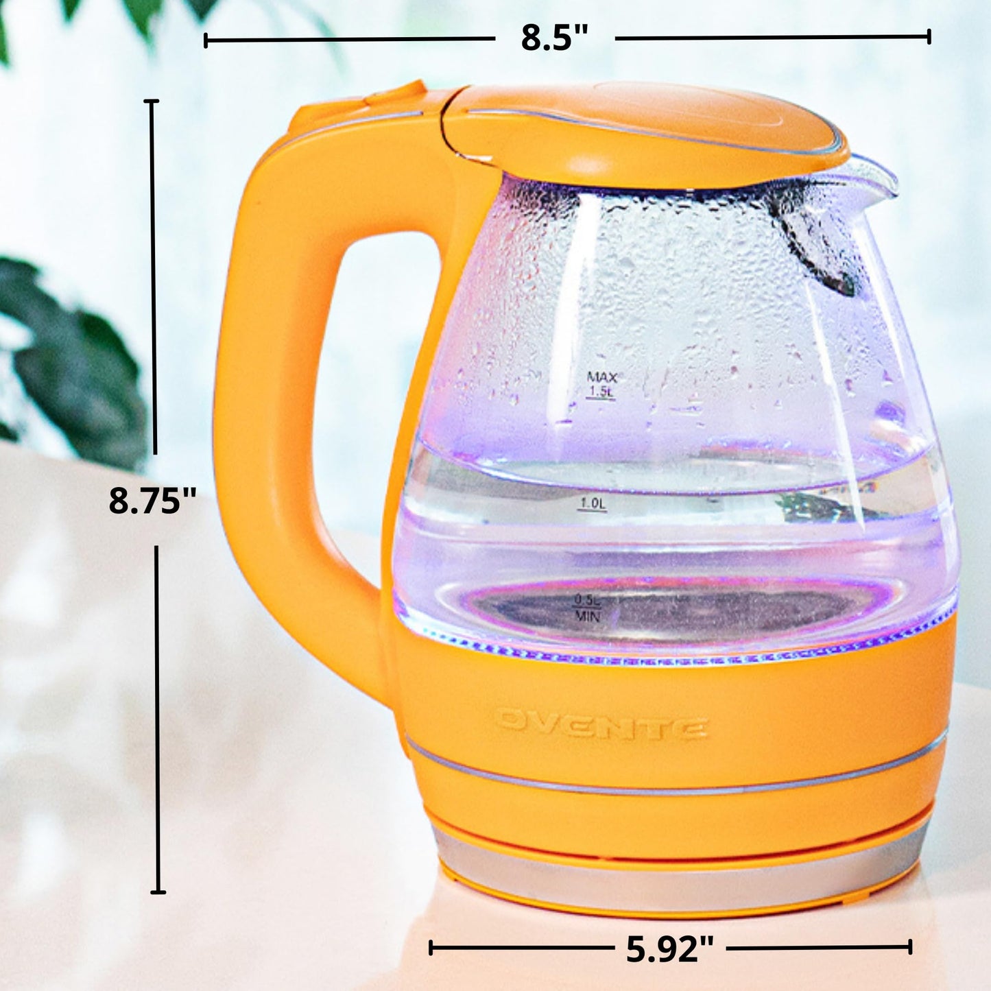 Hervidor de Agua Eléctrico Ovente Anaranjado de Vidrio 1.5 Litros Sin BPA