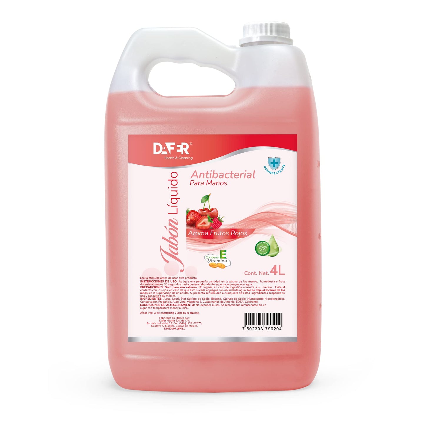 Dafer Health & Cleaning Jabón Líquido antibacterial para manos adicionado con Vitamina E y Aloe Vera por galón o garrafa, buena consistencia, shampoo para manos. (Frutos Rojos, 4L)
