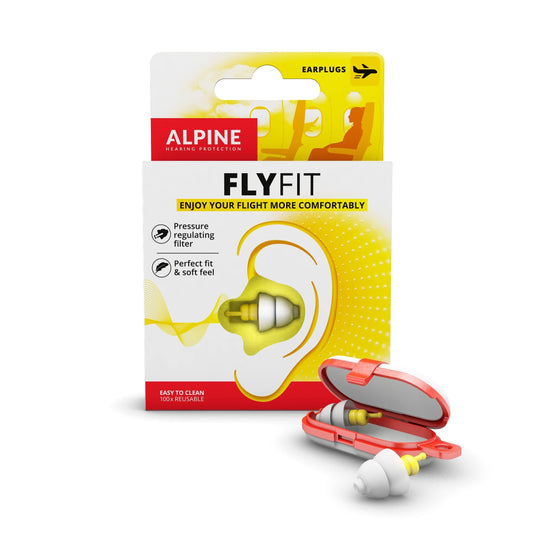 Alpine FlyFit Tapones para los oídos para avión - Regulan la presión del aire para prevenir el dolor de tímpano - Filtros suaves diseñados para viajar - Hipoalergénico cómodo - Tapones reutilizables