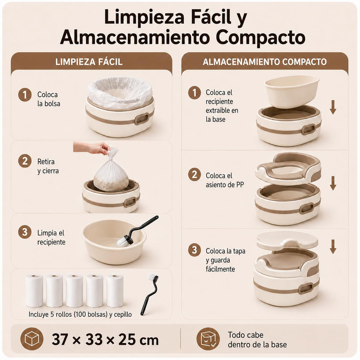 Bacinica 3 en 1 para Niños y Niñas, Bañito Entrenador Infantil con Asiento Reductor para WC y Banquito, Incluye Cepillo y 100 Bolsas Desechables, Antideslizante y Fácil de Limpiar, de 1 a 6 Años