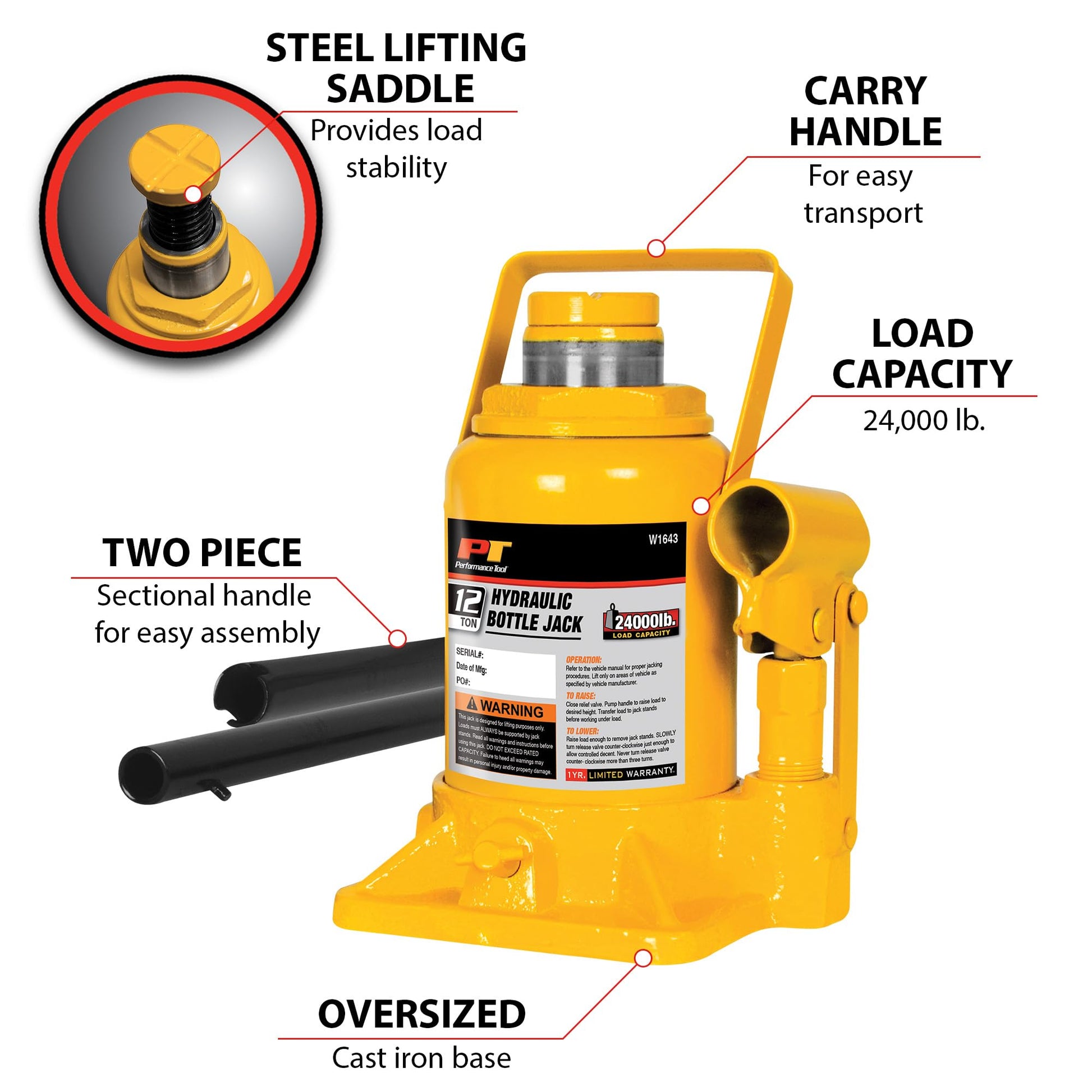 Performance Tool W1643 - Gato de botella corto resistente para mantenimiento de vehículos, capacidad de 12 toneladas (24 libras)