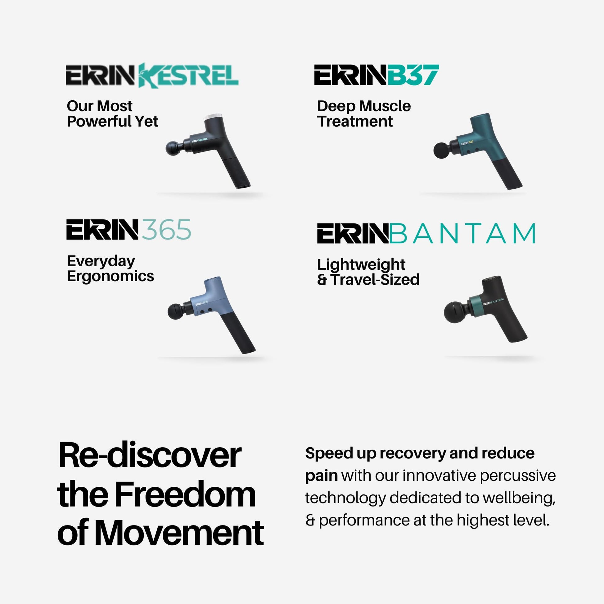 Ekrin Athletics Bantam - Mini pistola de masaje – Masajeador de percusión delgado y ligero para dolores musculares y recuperación, larga duración de la batería, 3 velocidades y 4 accesorios / Muévete mejor y recupera más rápido