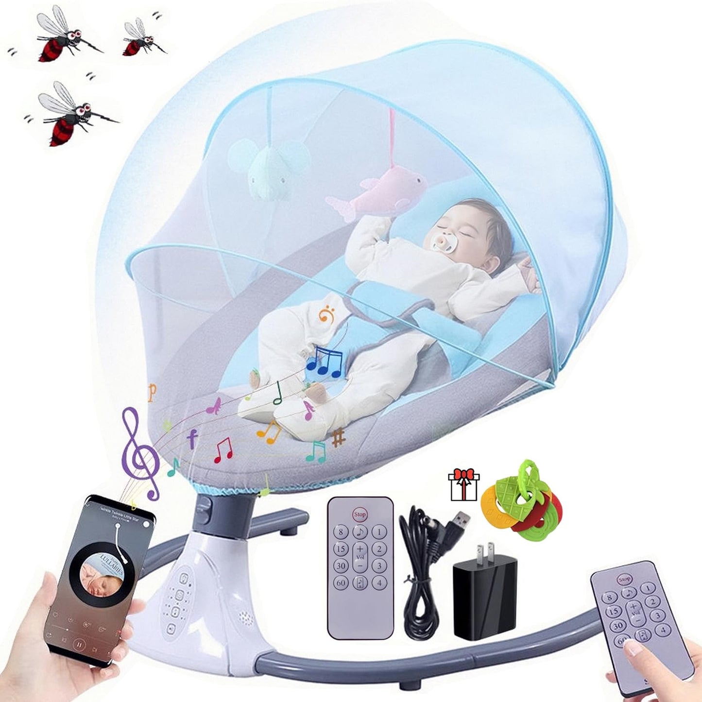 Mecedora Eléctrica PERFECTOP Azul Claro con Mosquitera para Bebé