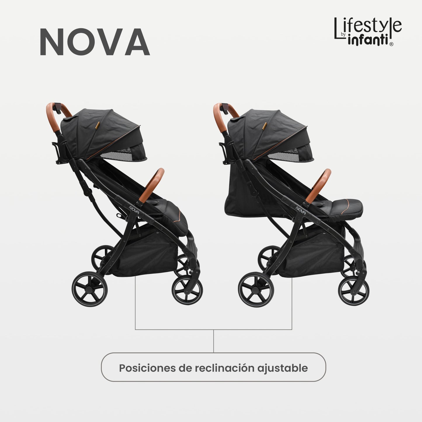 INFANTI | Carriola para Bebe Nova Negro Lifestyle | Carreola Bebé con Plegado Automático y Compacto con Arnés de 5 Puntos - Toldo Completo con Visera y Ventanilla | Reclinación Ajustable y Canastilla