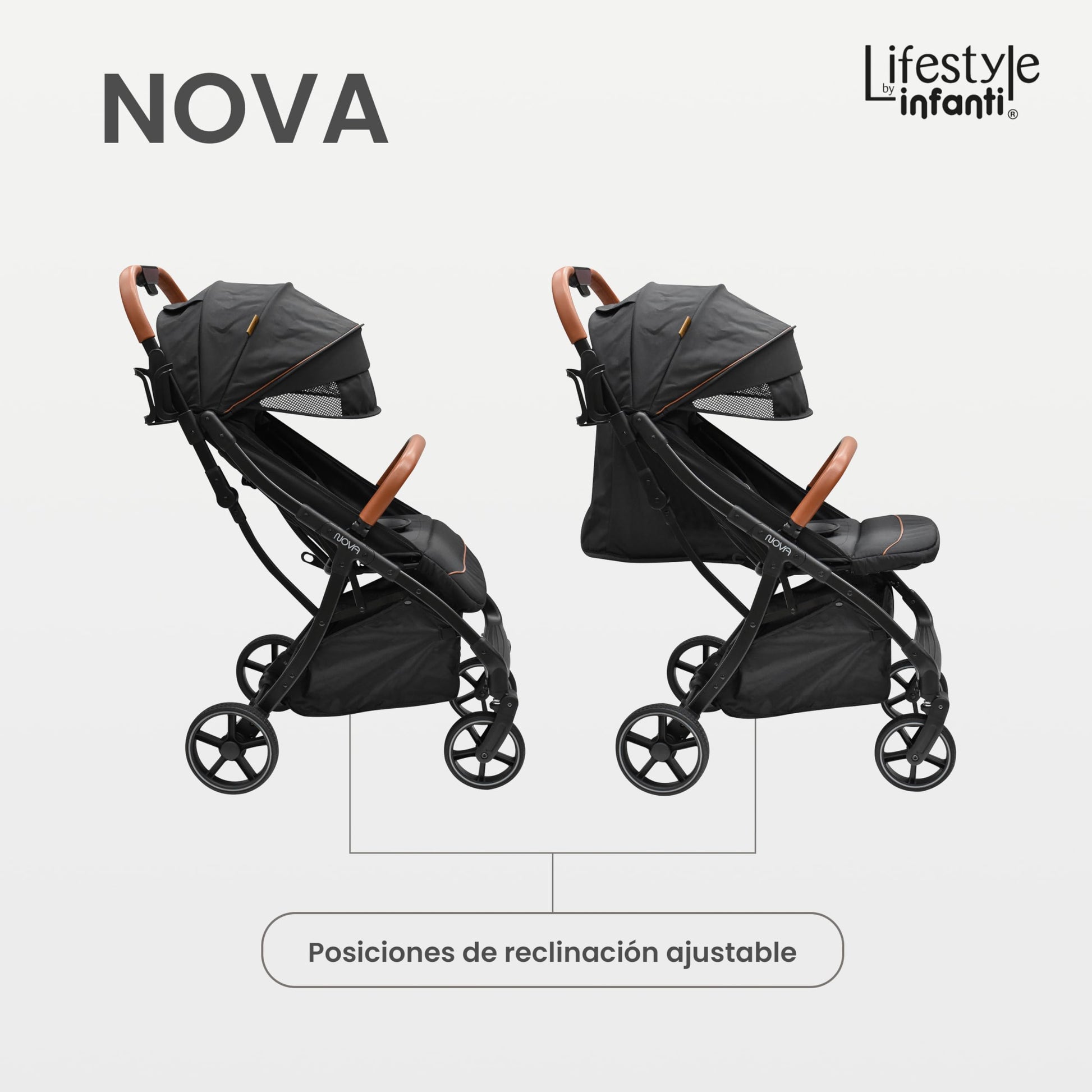 INFANTI | Carriola para Bebe Nova Negro Lifestyle | Carreola Bebé con Plegado Automático y Compacto con Arnés de 5 Puntos - Toldo Completo con Visera y Ventanilla | Reclinación Ajustable y Canastilla
