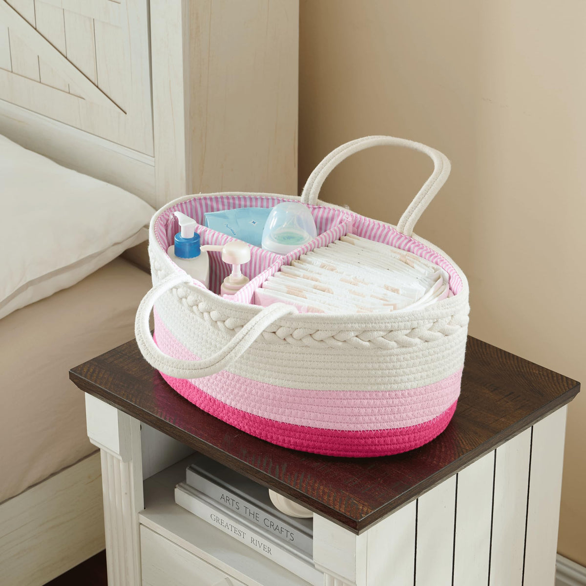 luxury little Organizador de pañales para bebé, cesta de pañales extragrande con cuerda de algodón para guardería, organizador de cambiador, bolsa portátil con divisor, almacenamiento de coche, regalos de baby