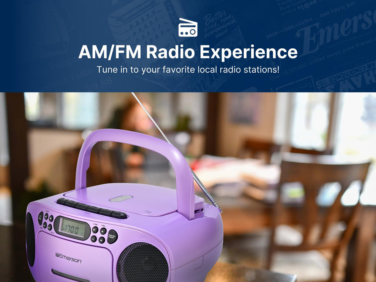 Reproductor de CD Emerson Negro con Cassette y Radio Am/FM Sistema Estéreo Portátil