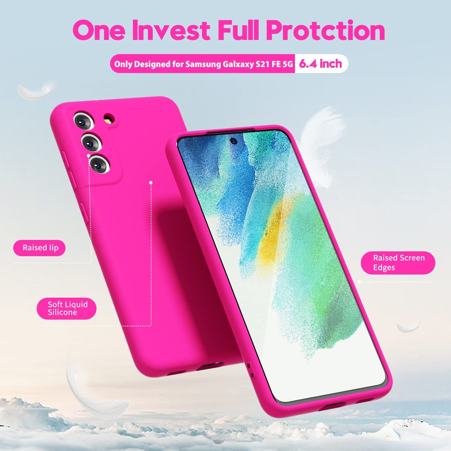 oakxco - Funda de silicona líquida para Samsung Galaxy S21 FE 5G, color sólido fluorescente, delgada, de goma suave, de TPU suave, lisa, mate de gel para mujeres y niñas, color rosa fucsia