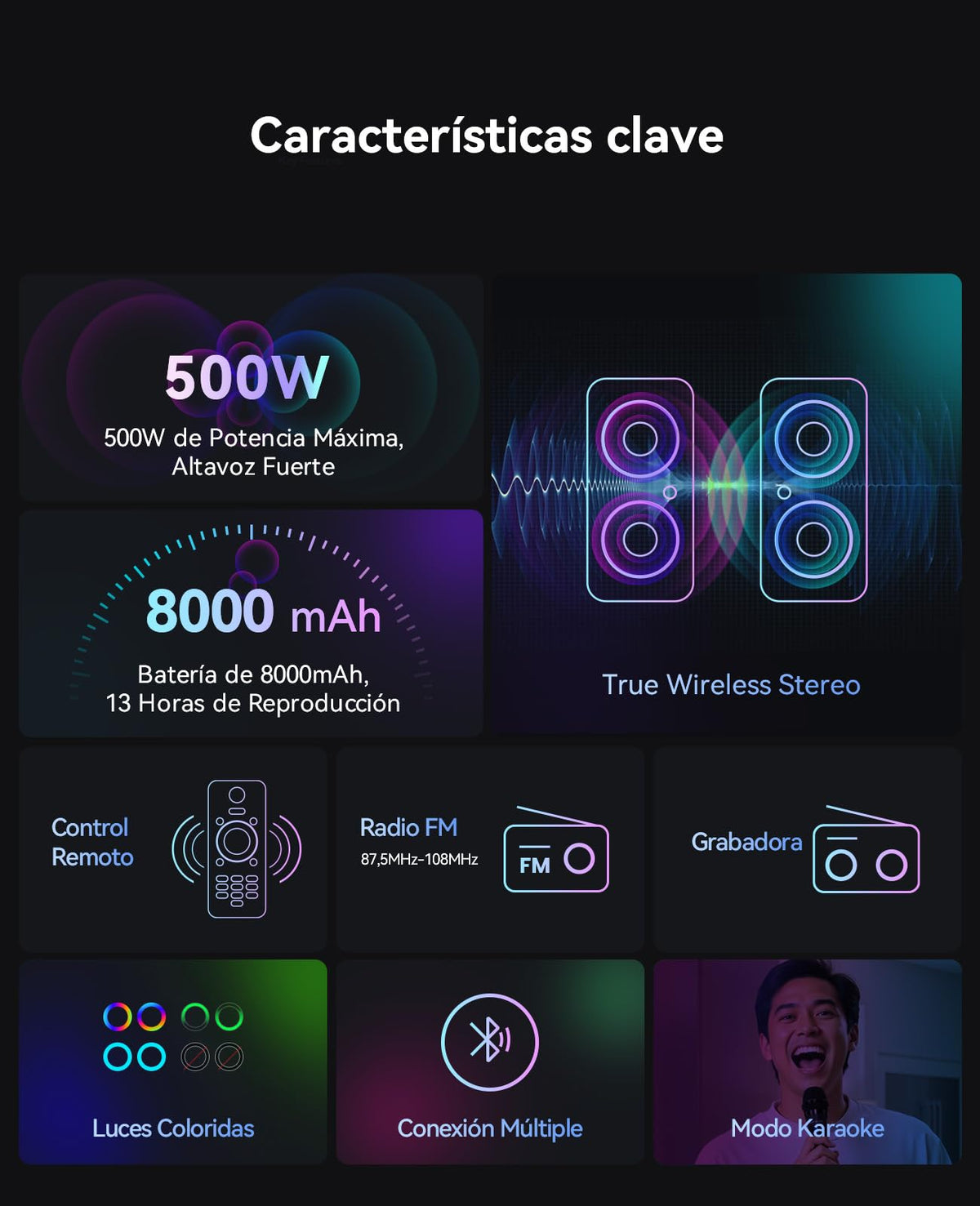 Sistema de Karaoke Profesional GKD60 Negro con 2 Micrófonos Inalámbricos y Altavoz Bluetooth de 500W