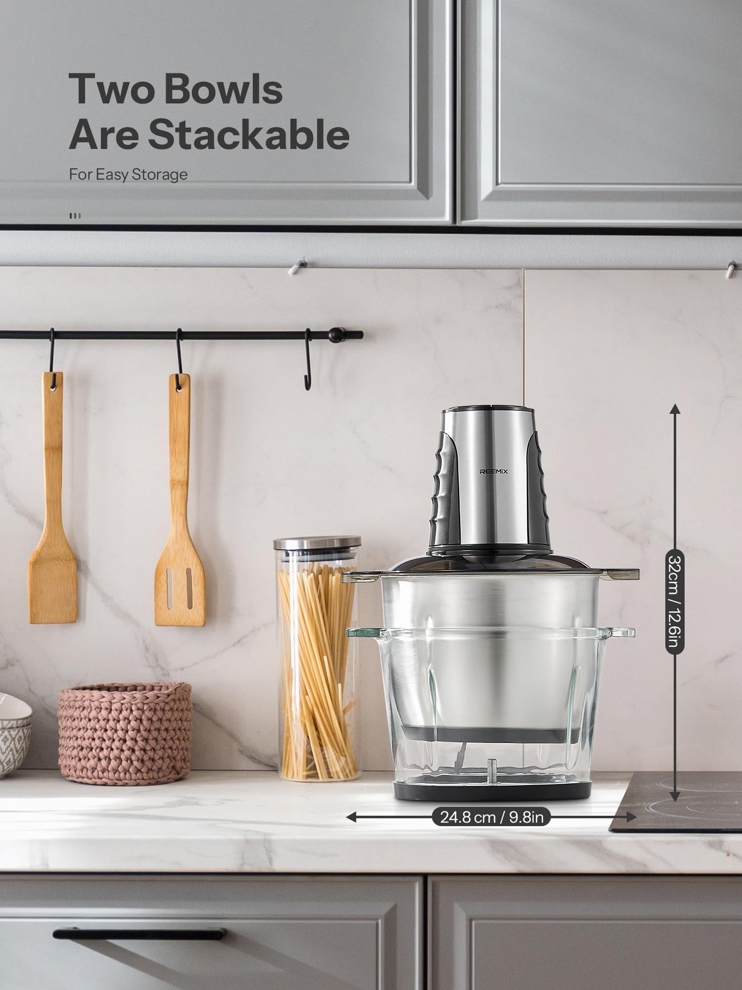 Picadora de Cocina Eléctrica Multipicadora con 2 Cuencos Grandes y 500 W, 2 Niveles de Velocidad, 4 Cuchillas para Carne, Cebollas, Frutas y Verduras