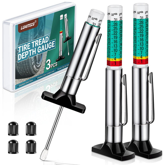 LUMITECO - Paquete de 3 calibradores de profundidad de banda de rodadura de neumáticos codificados por colores en 1/32 pulgadas, medidor de profundidad eficiente de banda de rodadura de 32 pulgadas,