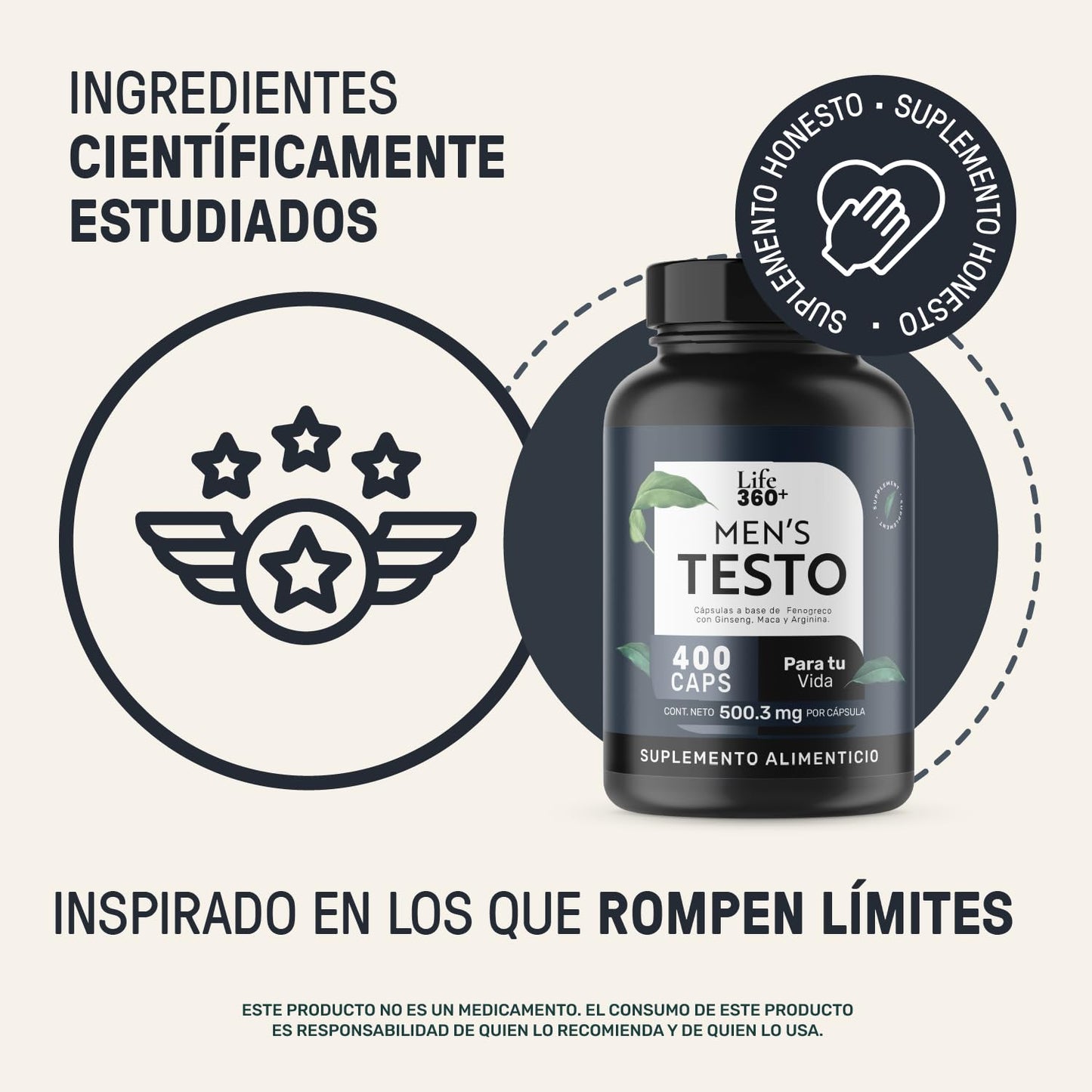 LIFE 360+ Mens Testo | 400 Cápsulas por envase | Fenogreco, Maca Negra, Maca Roja y Amarilla, L-Arginina, Zinc, Vitamina D, Magnesio, Ginseng y Guaraná | Suplemento Alimenticio 1 cápsula por porción