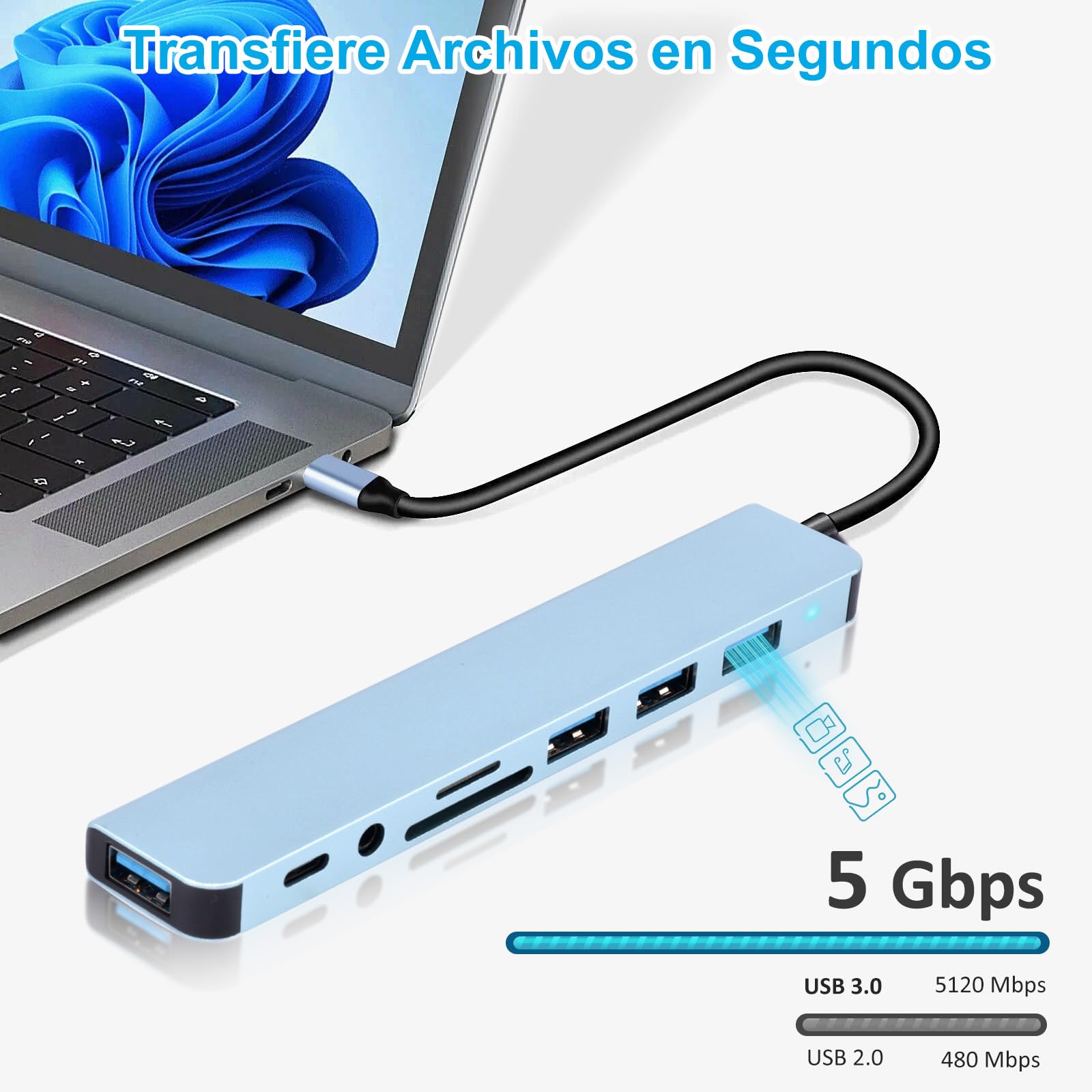 HeiLuon Hub USB C 8 en 1,USB 3.0 con Jack 3.5mm, Adaptador de Puertos USB Múltiple para Laptop, 4 Puertos USB, 1 Puerto USB-C, Lector de Tarjetas TF & SD, Compatible con MacBook, ProPad y Tablets