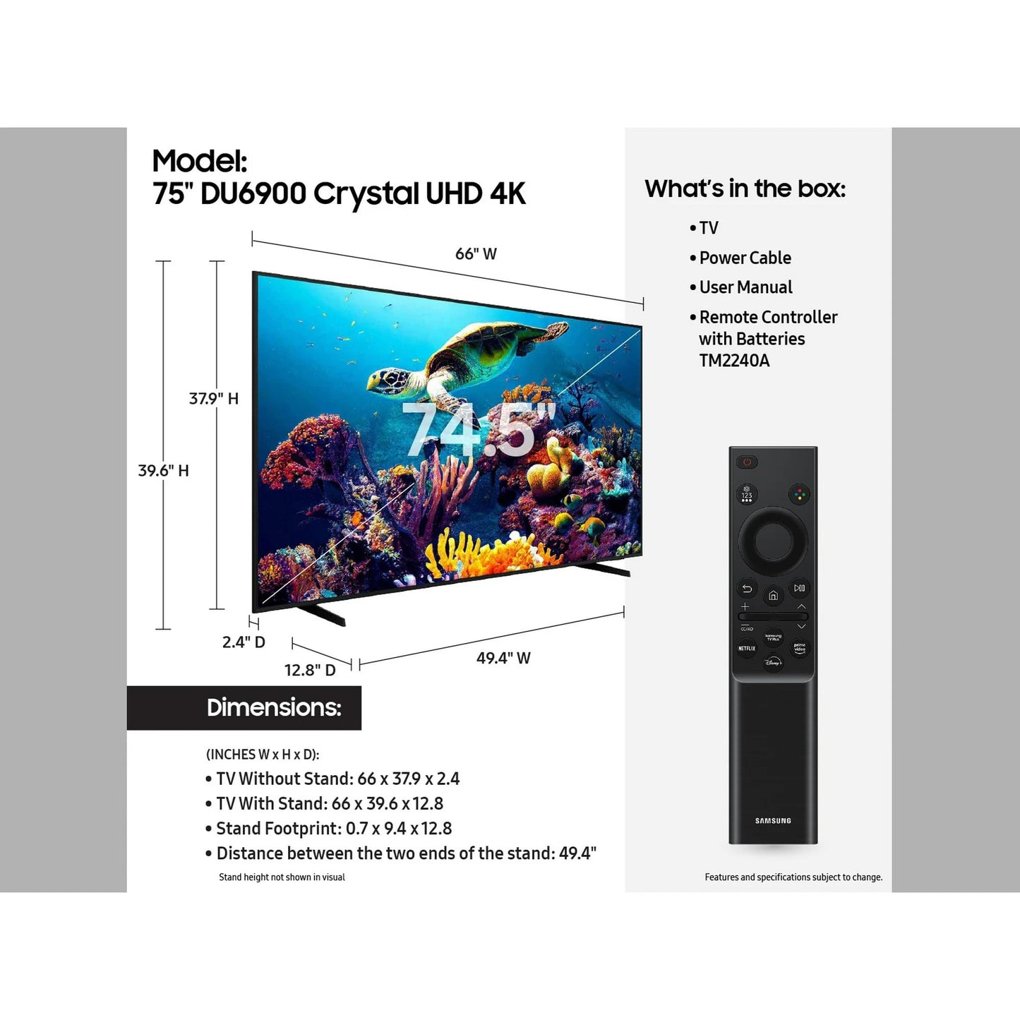 Television Smart TV Samsung 75 Pulgadas UHD 4K Series DU6900 Crystal Reacondicionado