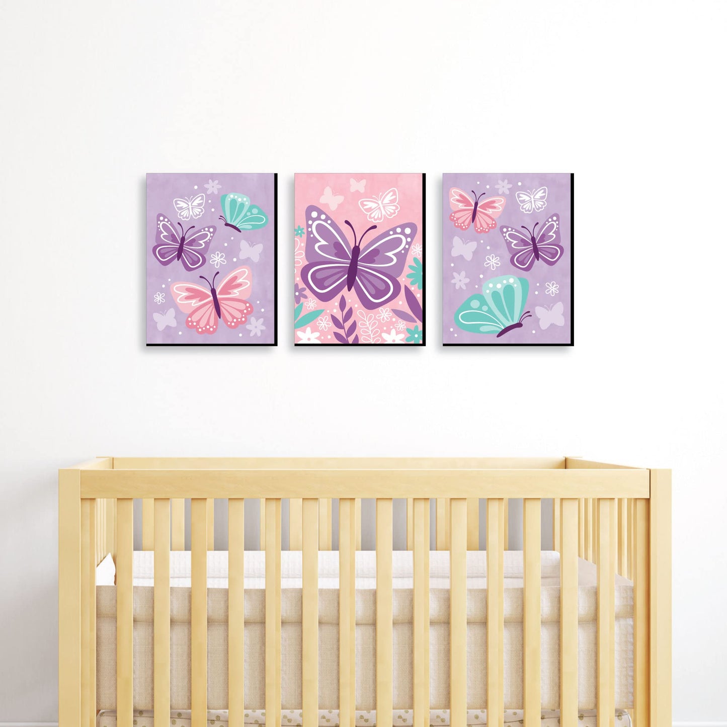 Big Dot of Happiness Beautiful Butterfly - Arte de pared floral para guardería y decoración de habitación de los niños, 7.5 x 10 pulgadas, juego de 3 impresiones